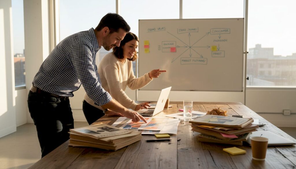 Strategist reviews heritage materials at conference table