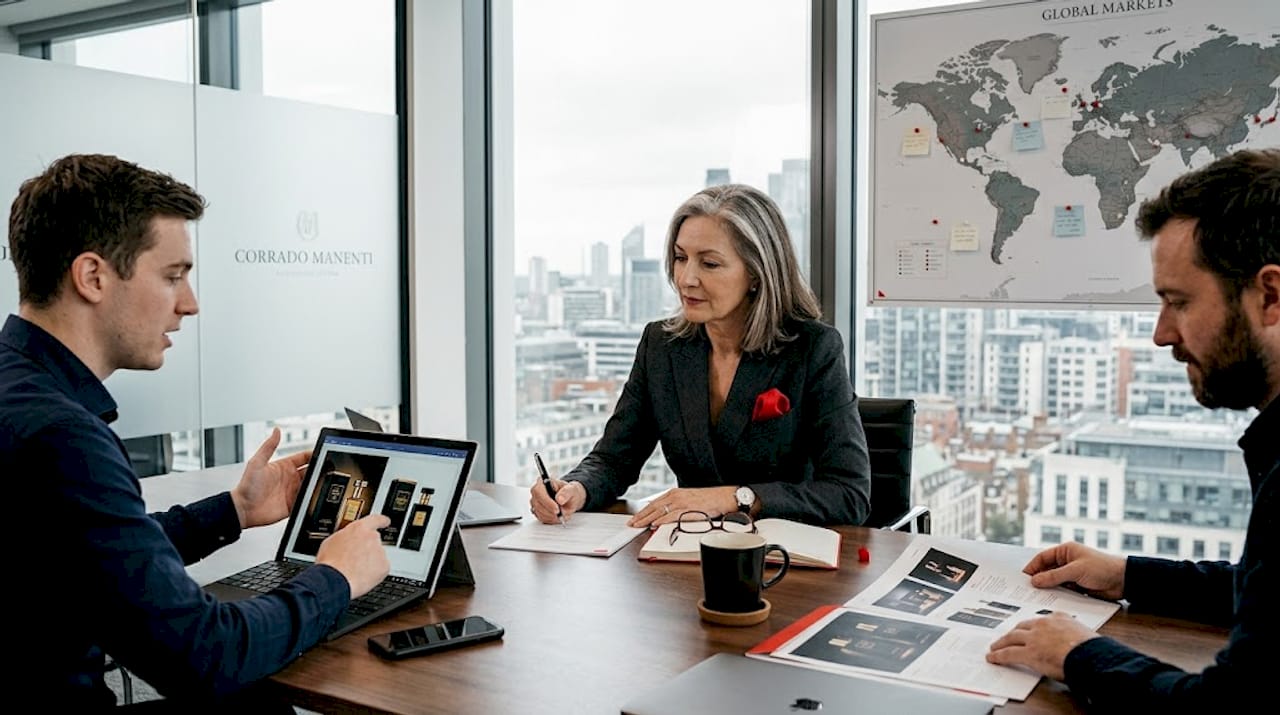 Luxury branding team reviewing global strategy