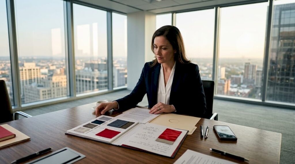 Brand manager reviews portfolio in conference room