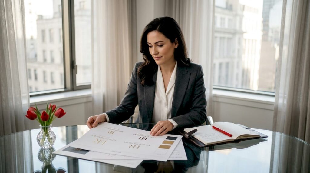 Strategist reviewing luxury brand mood board