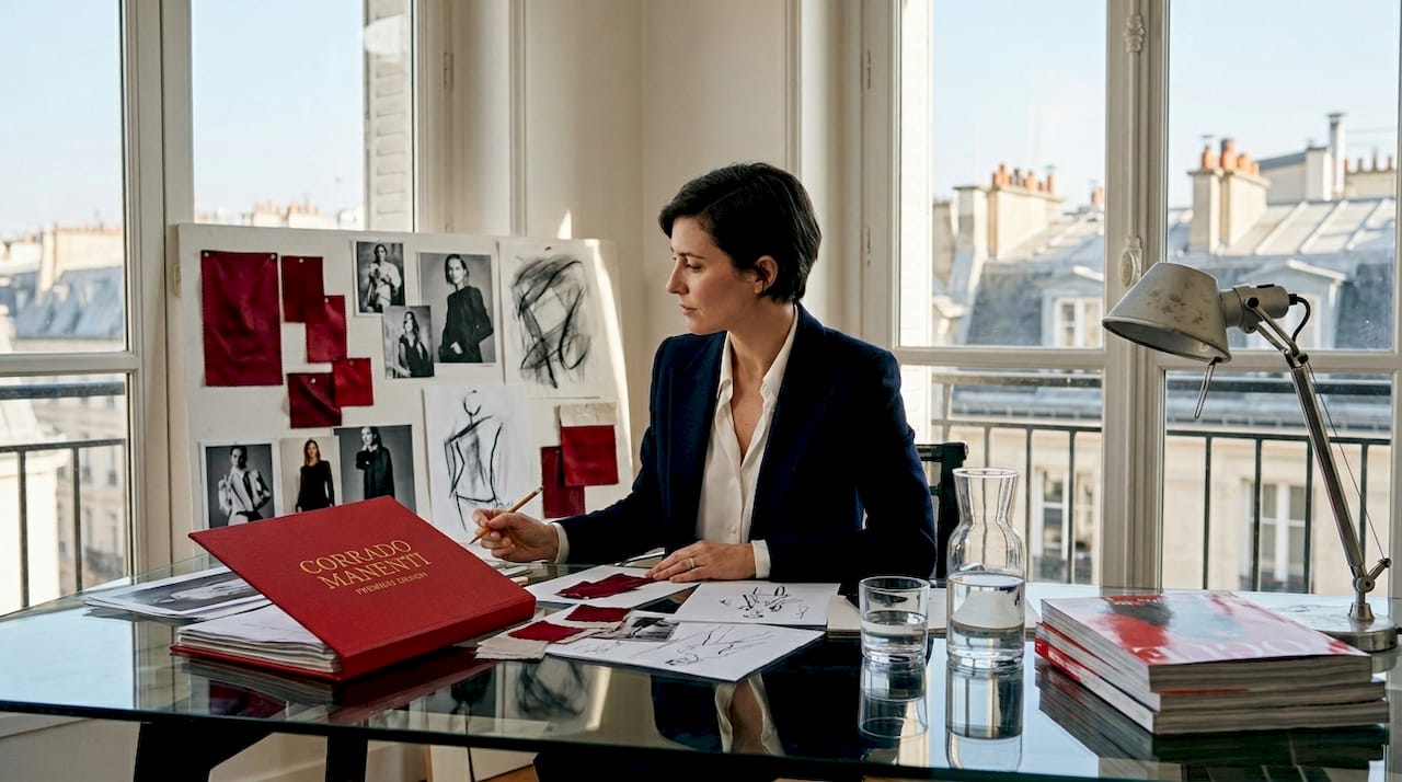 Fashion executive reviewing brand materials in sunlit office