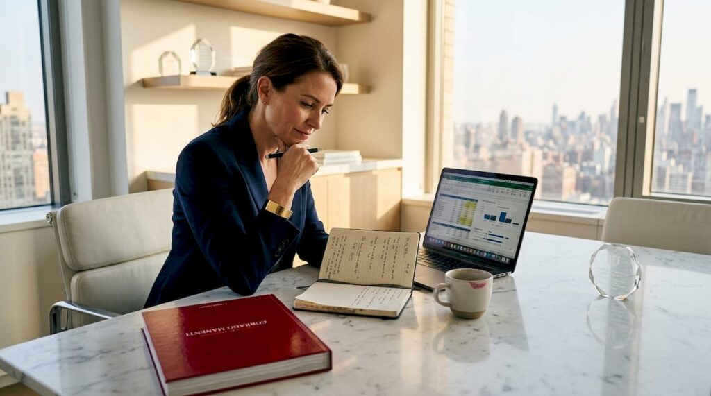 Brand strategist reviewing luxury pricing notes