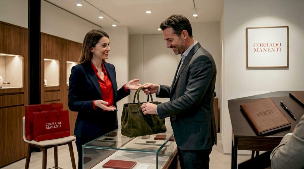 Sales associate engaging client in luxury boutique