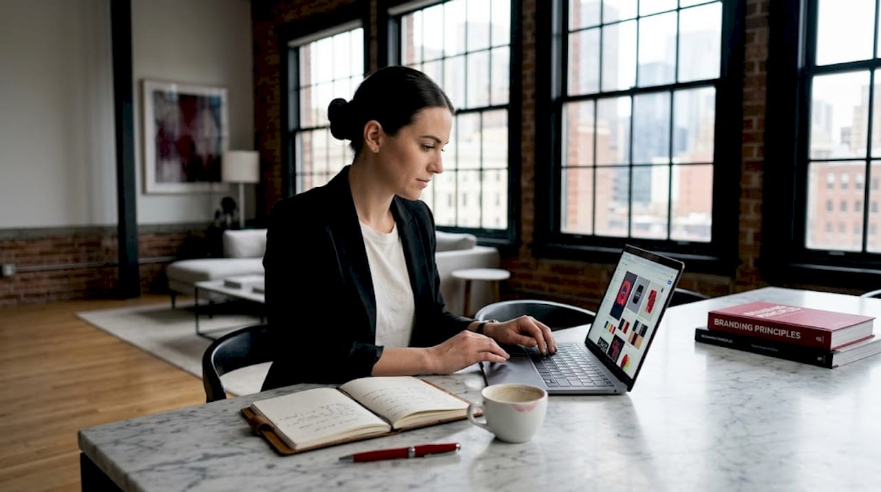 Strategist reviewing luxury digital branding in city loft