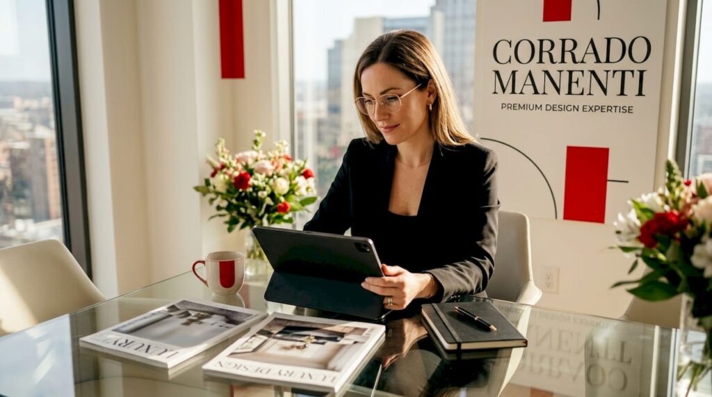Brand manager reviews luxury campaign mockups