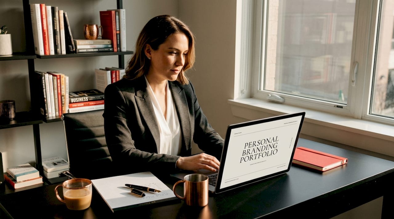 Professional woman crafting personal brand at desk