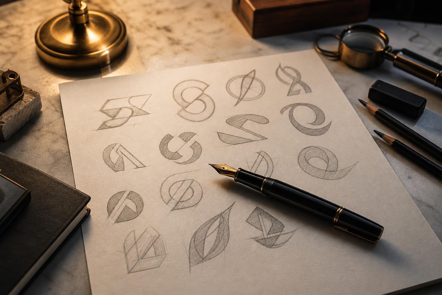 Brand identity — Identità visiva: penna stilografica e bozzetto logo