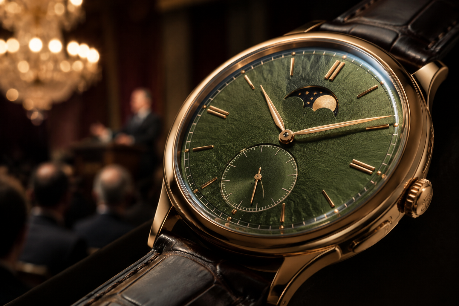 L'Equazione del Valore nel Lusso: orologio luxury con quadrante verde su pelle scura, simbolo dell'asta record