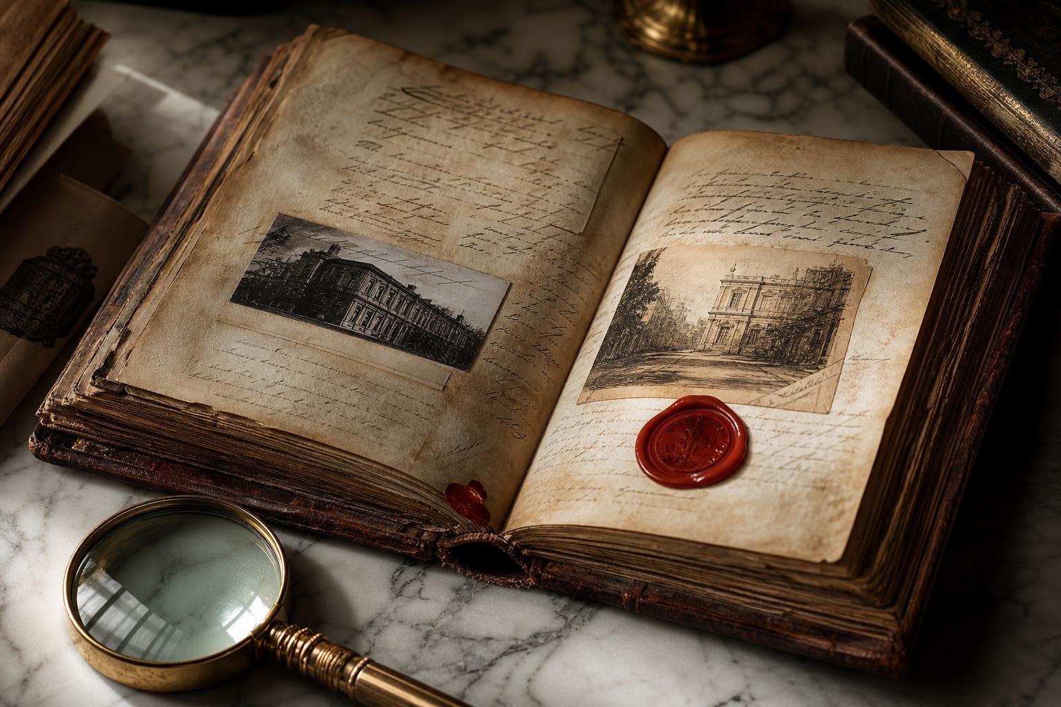 Seconda Valuta del Lusso, la Storia: archivio editoriale vintage di un brand luxury con pagine ingiallite e sigillo in cera