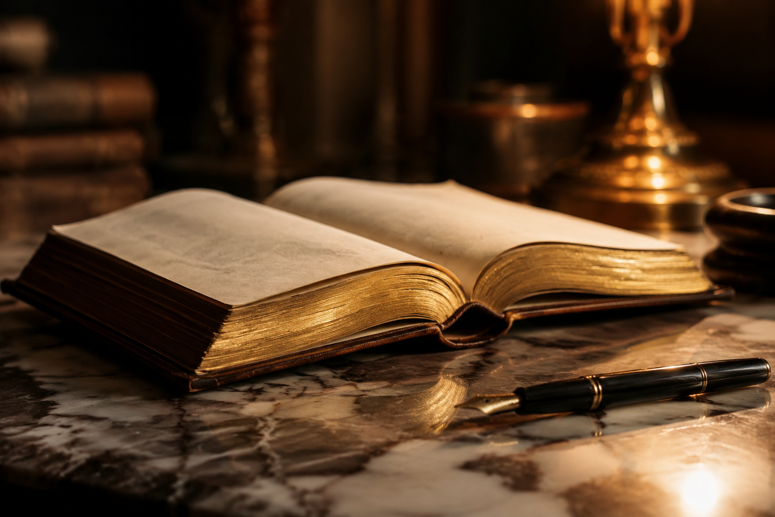 I 12 Principi del Marketing Aspirazionale: libro manifesto rilegato in pelle su scrivania luxury