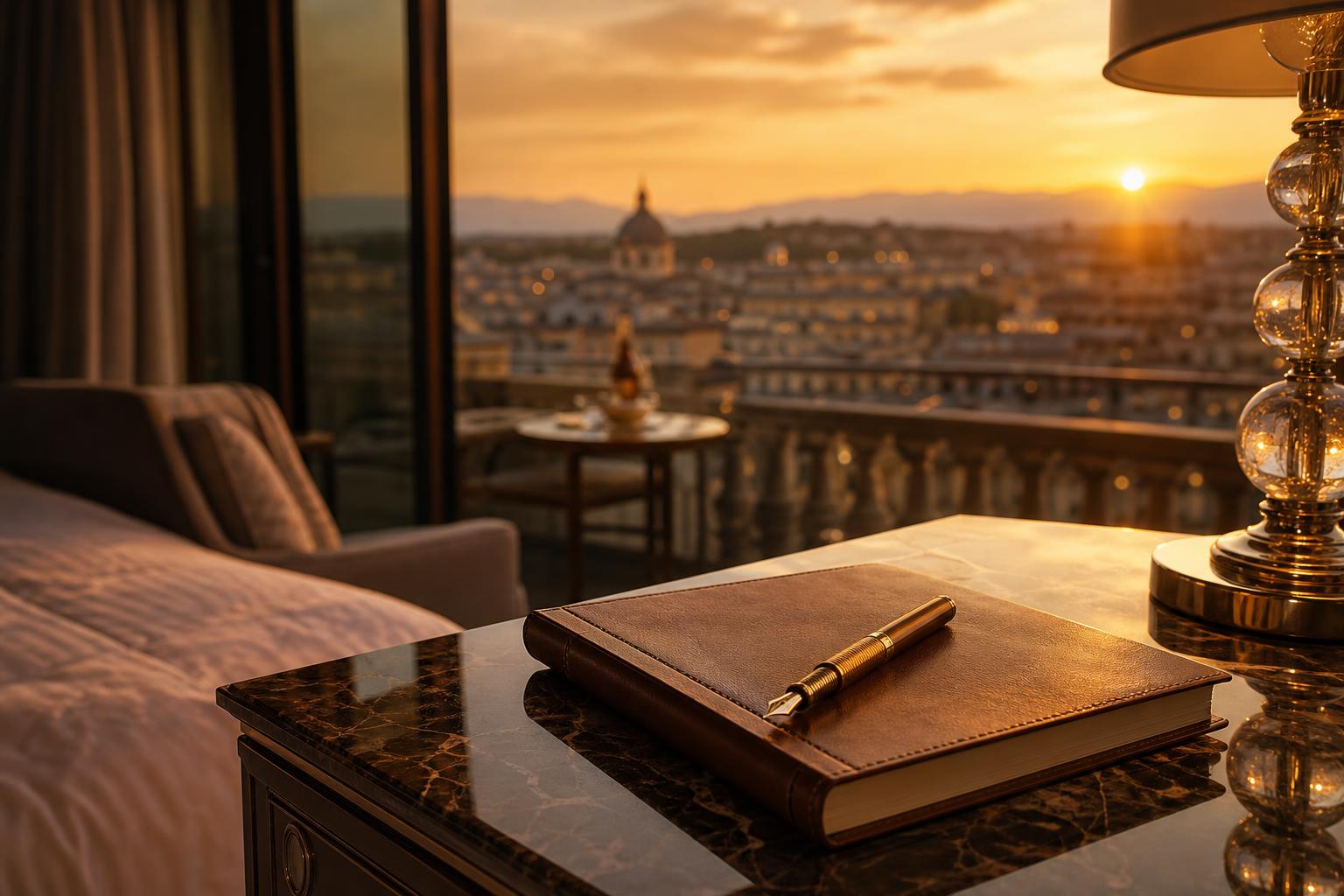 Principio Aspirazione: vista panoramica al tramonto da una suite di hotel di lusso con dettaglio di taccuino e penna