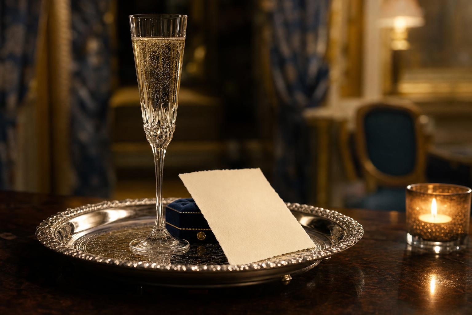Principio Esperienze Memorabili: rituale di accoglienza luxury con coppa di champagne e biglietto manoscritto