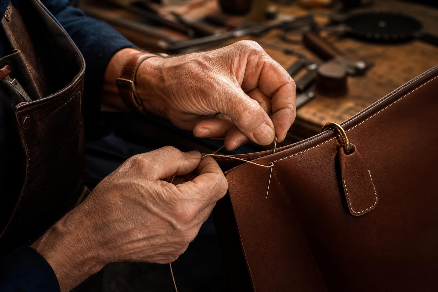 Principio Celebrazione delle Persone Dietro le Quinte: mani di artigiano che rifiniscono un pezzo di pelle luxury