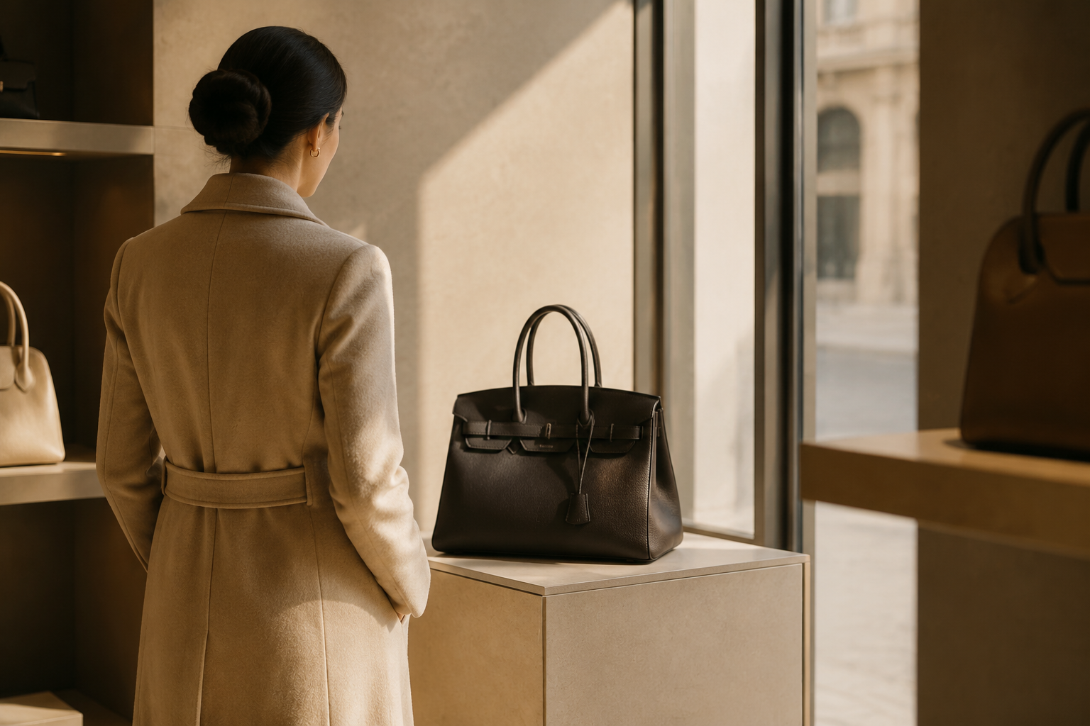 Psicologia del consumatore di lusso: donna sofisticata osserva una borsa luxury in boutique