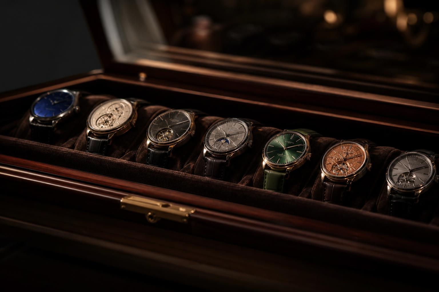 Sofisticazione Progressiva del consumatore: collezione di orologi luxury allineati in display di legno e velluto