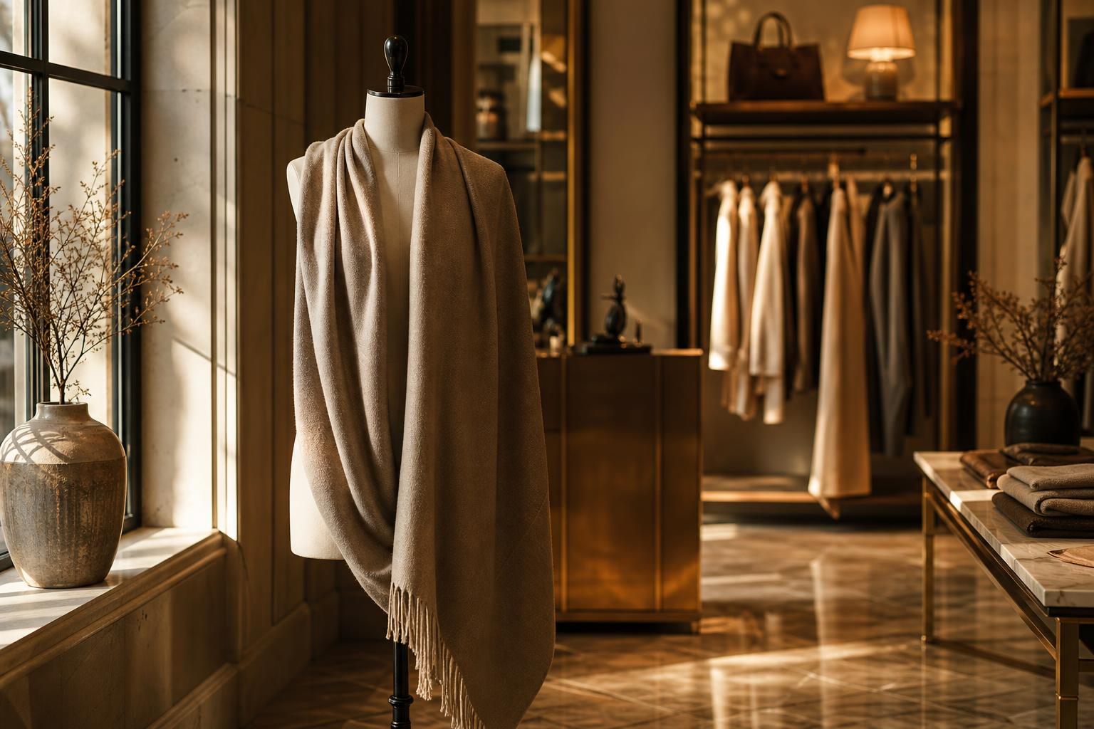 Sensorial Branding — Vista: interno di una boutique luxury con illuminazione sapiente e materiali nobili
