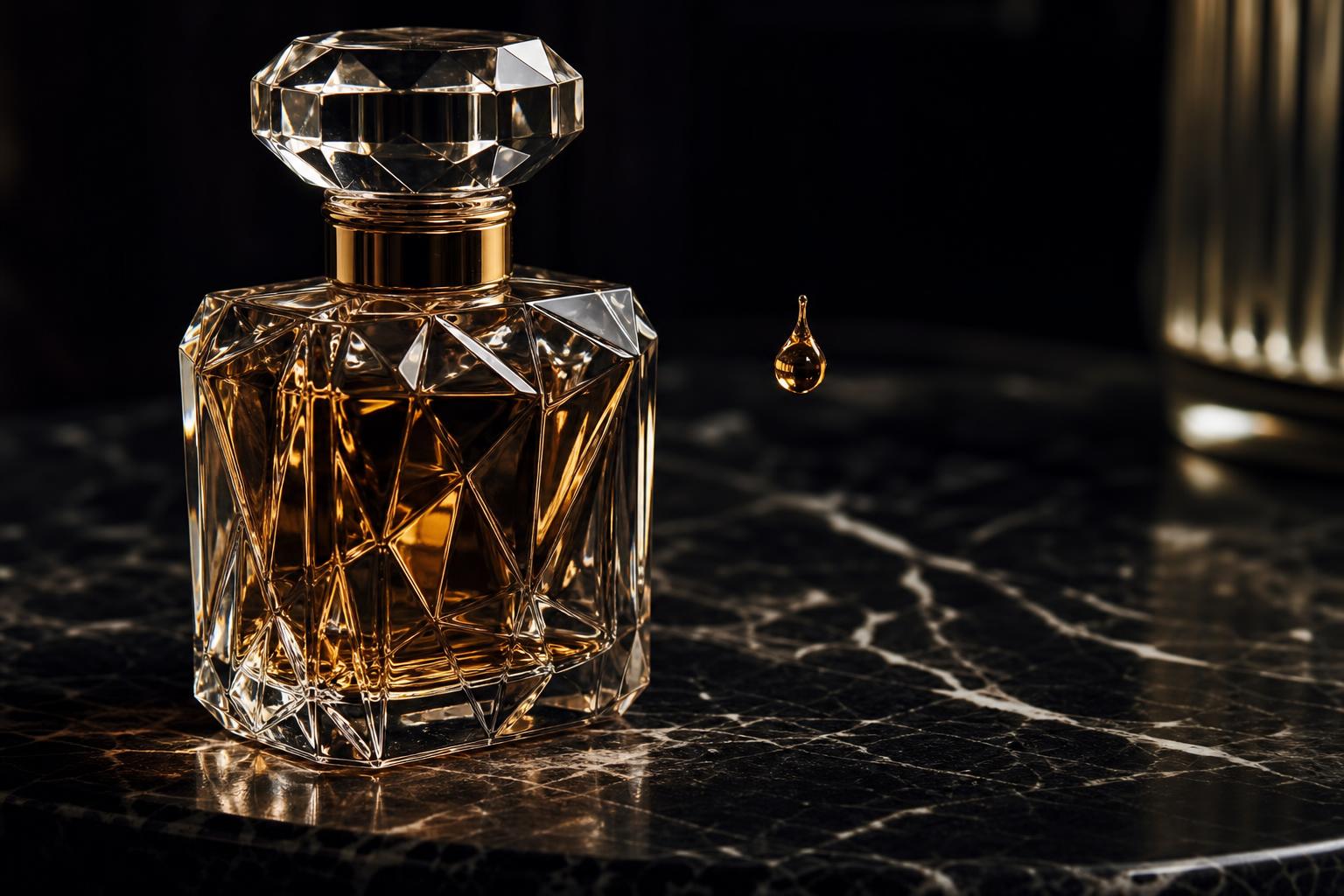 Sensorial Branding — Olfatto: bottiglia di profumo di cristallo con tappo dorato in atmosfera editoriale