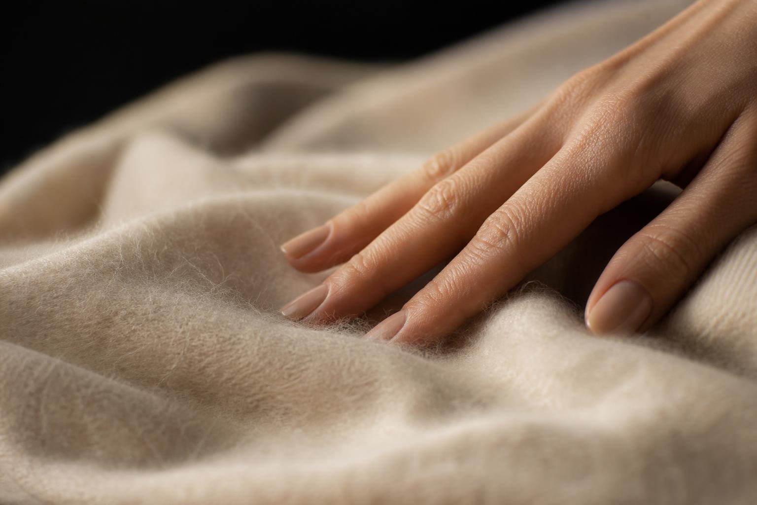 Sensorial Branding — Tatto: macro dettaglio di tessuto cashmere con mano che ne percepisce la consistenza