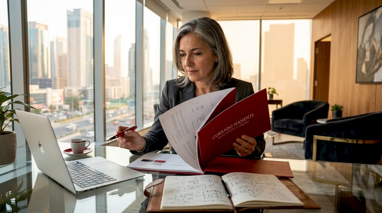 Luxury brand strategist reviewing brand guidelines in office