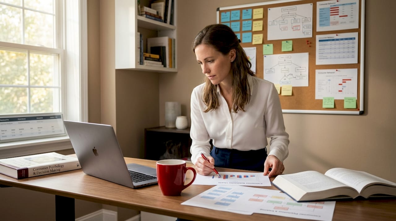 Marketing psychologist analyzing behavioral data at desk