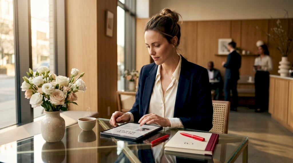 Woman reviewing premium purchase data on tablet in home office