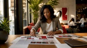 Woman reviewing storytelling marketing materials at desk