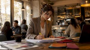 Woman studying psychology and fashion at home desk