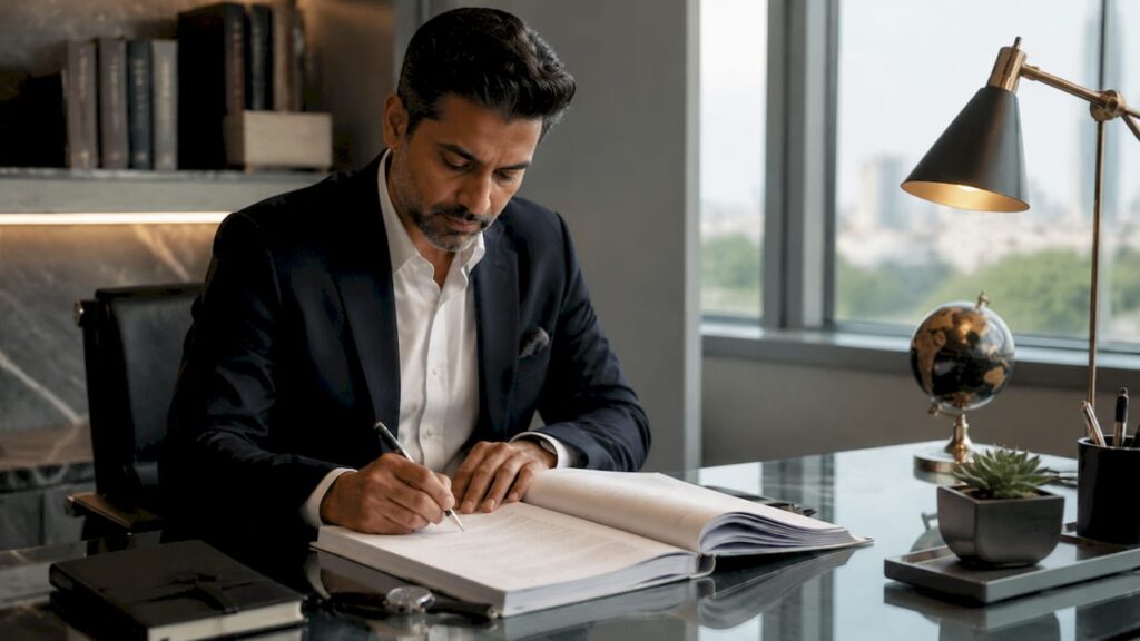 Luxury brand manager examining pricing report