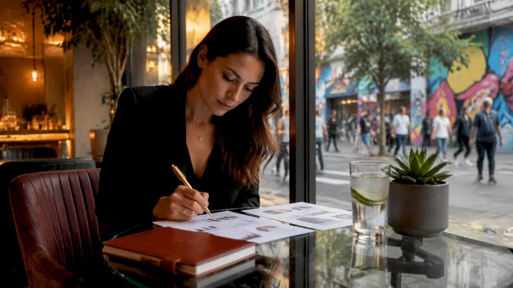 Brand manager reviewing luxury brand equity reports