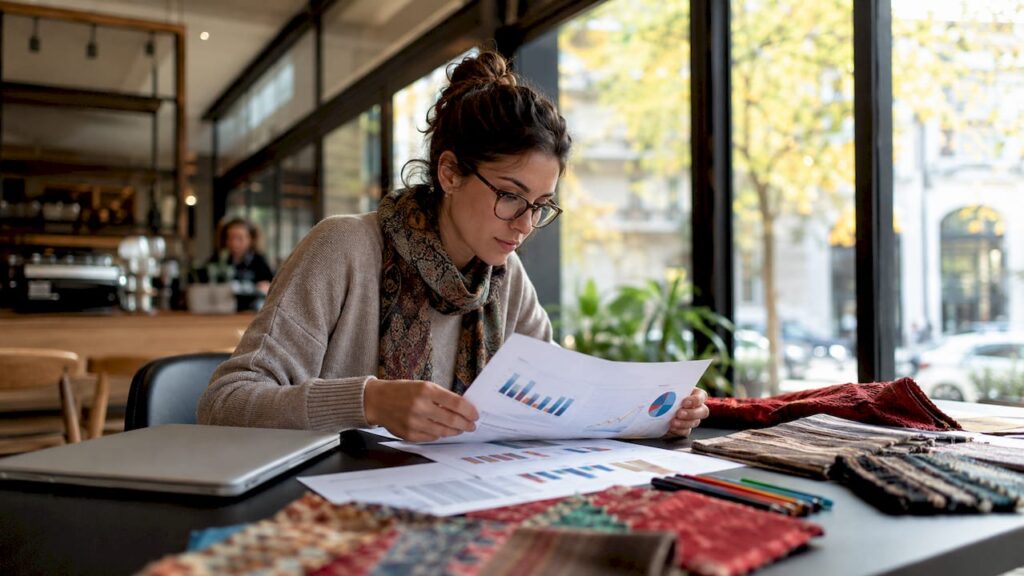 Fashion marketing analyst reviewing behavior charts