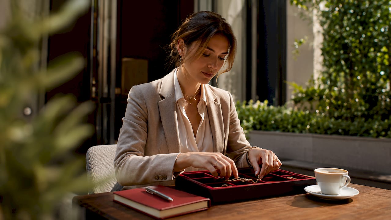 Woman arranging luxury jewelry in boutique