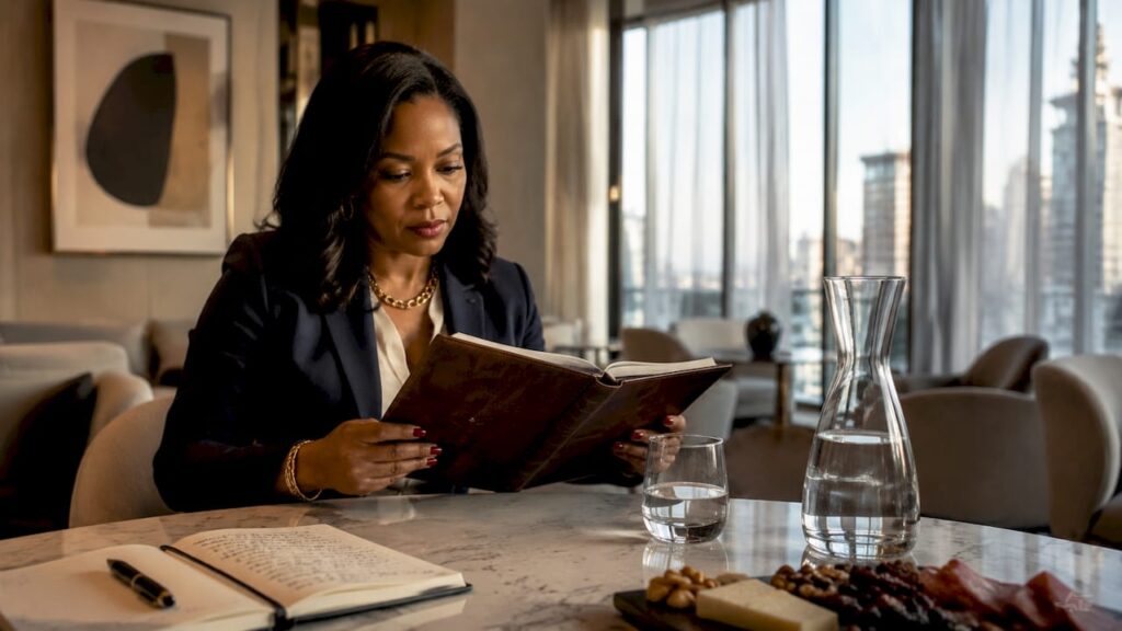 Luxury brand manager reviewing client dossier