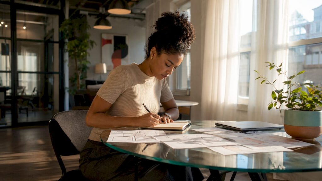 Young woman crafting storytelling notes at home