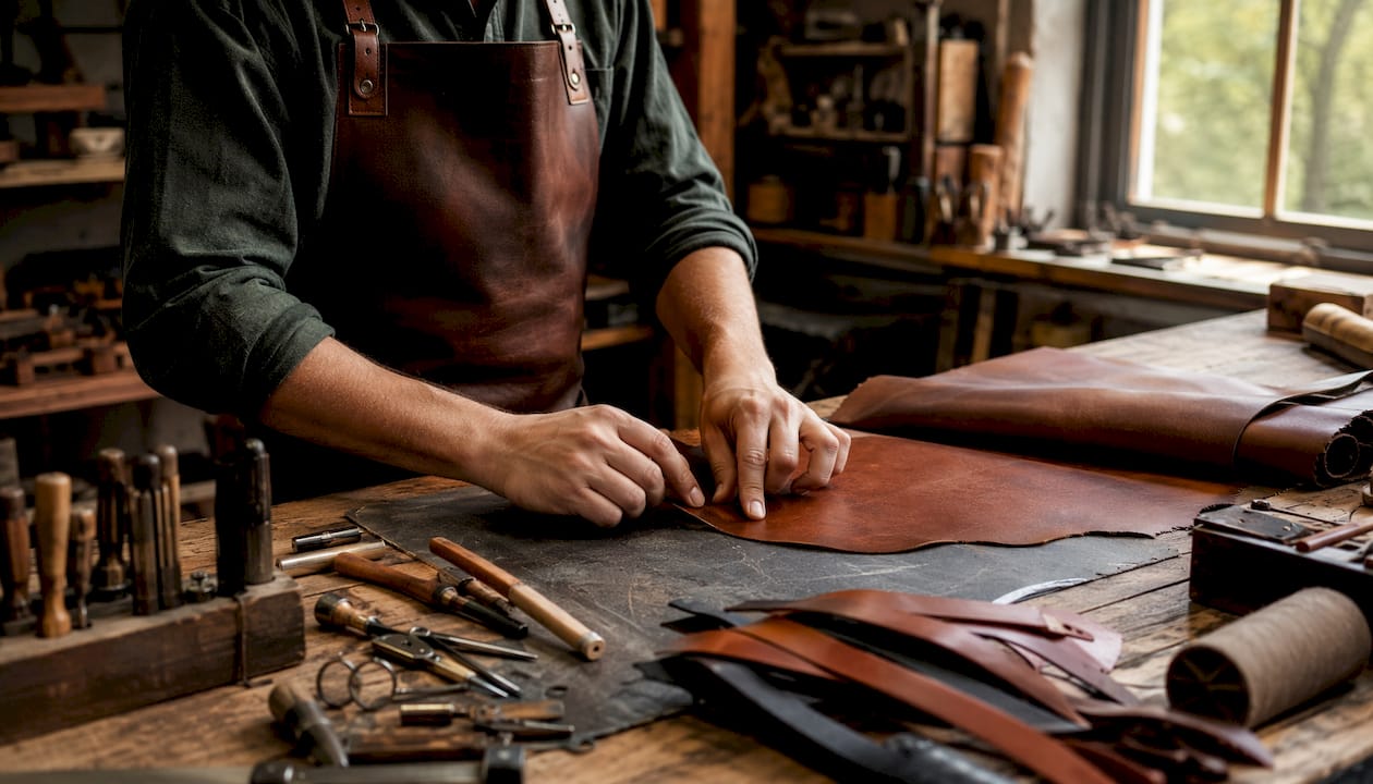 SME Luxury Brand Success: 8 Proven Examples Artisan hands cutting leather in workshop