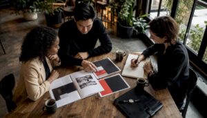 Team discussing luxury brand strategy in office