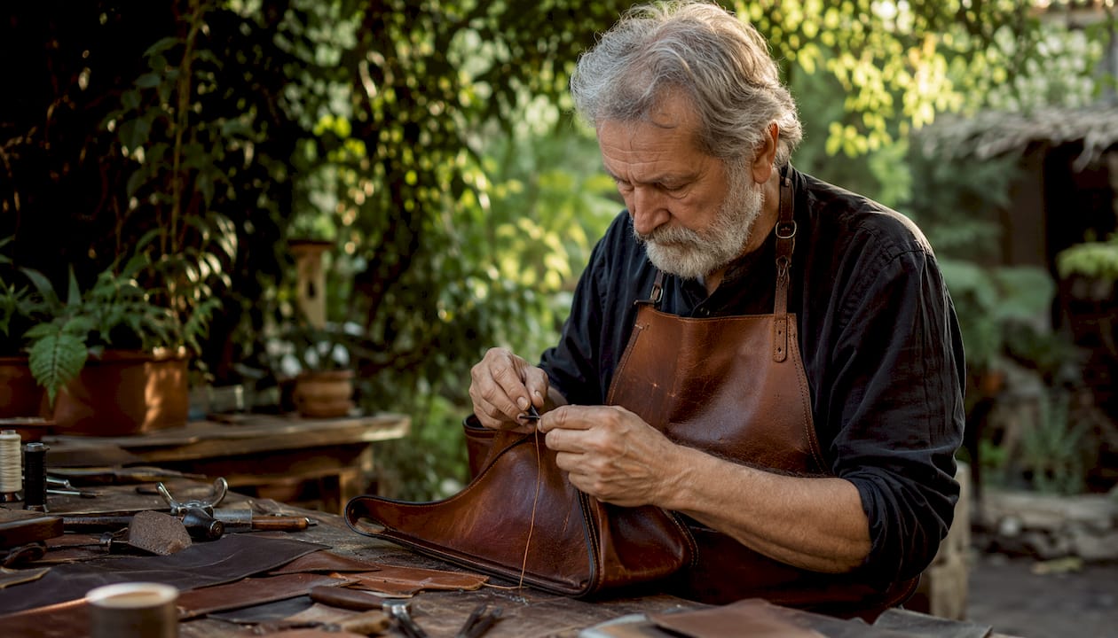 Artisan crafting leather luxury handbag by hand