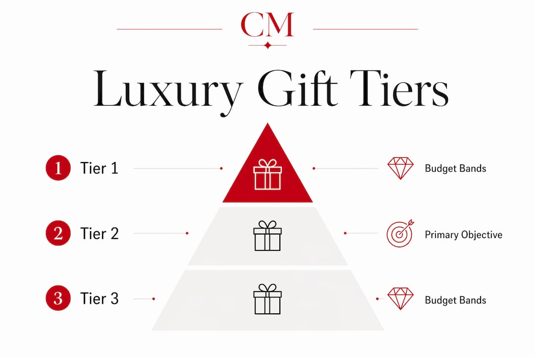 Infographic illustrating luxury gift tiers, budgets, and objectives
