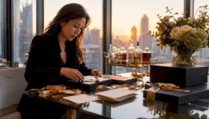 Businesswoman preparing luxury gifts for clients
