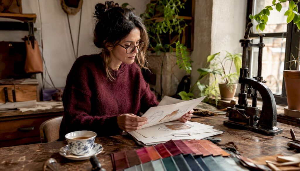 SME Luxury Brand Success: 8 Proven Examples Luxury brand founder reviewing sketches at desk