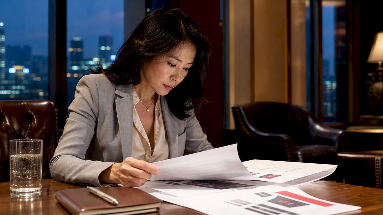 Woman reviewing luxury pricing documents in office