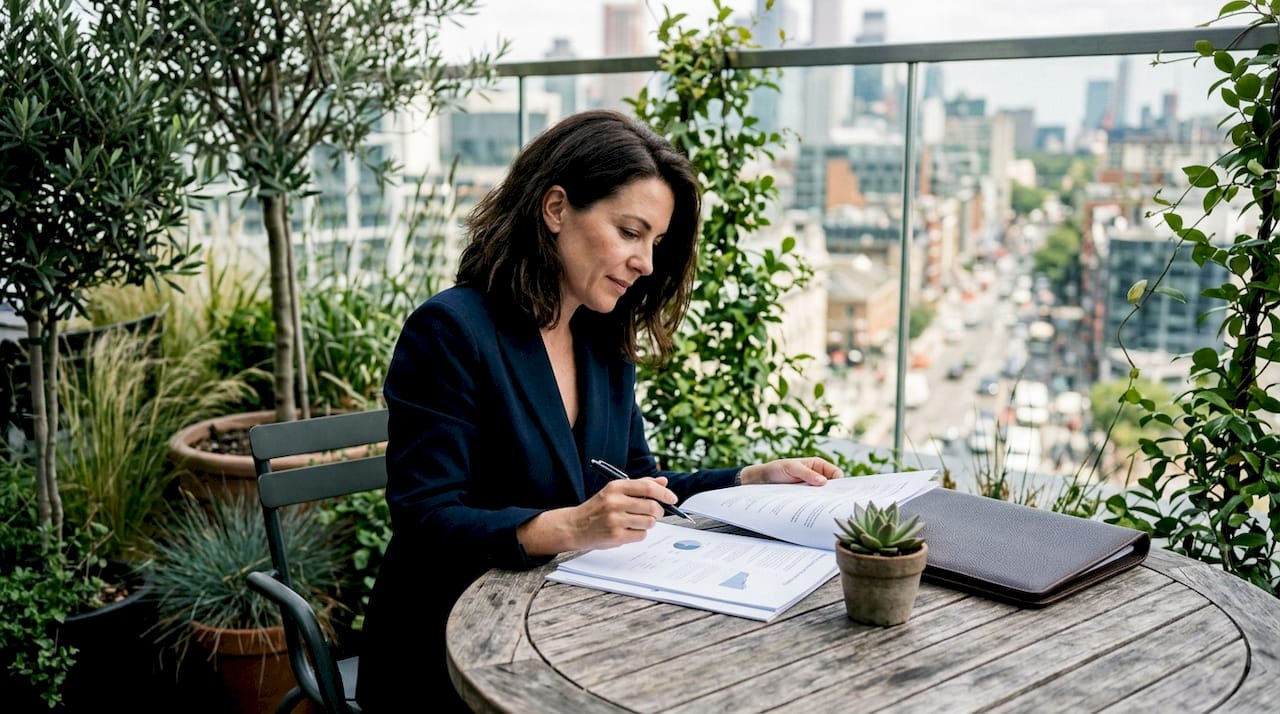 Luxury brand executive reviewing digital strategy documents