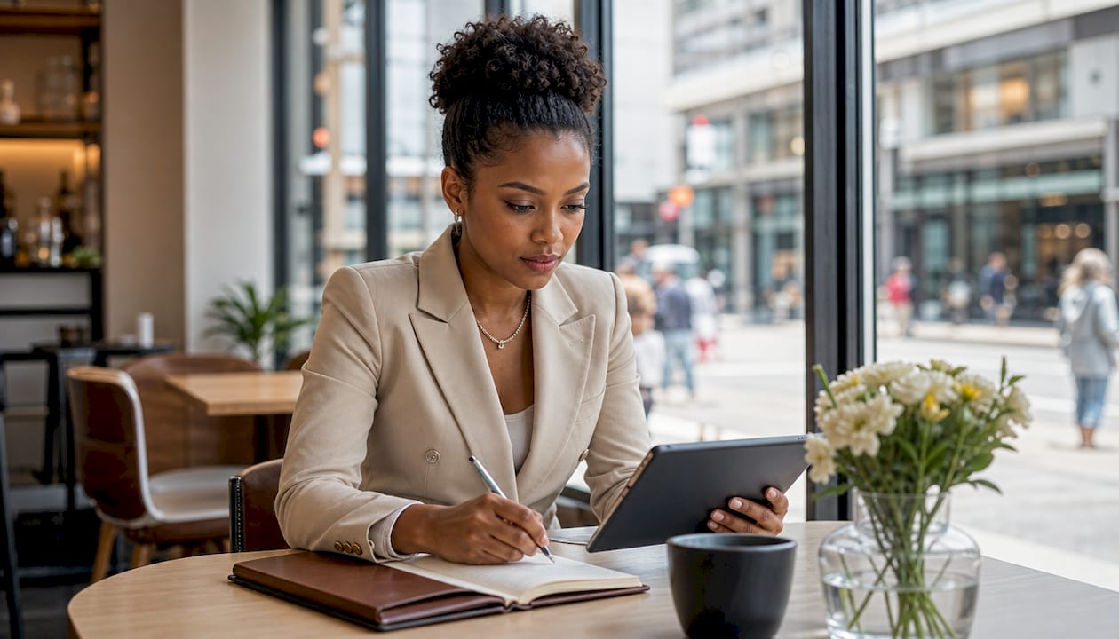 Woman reviewing luxury brand strategy in office