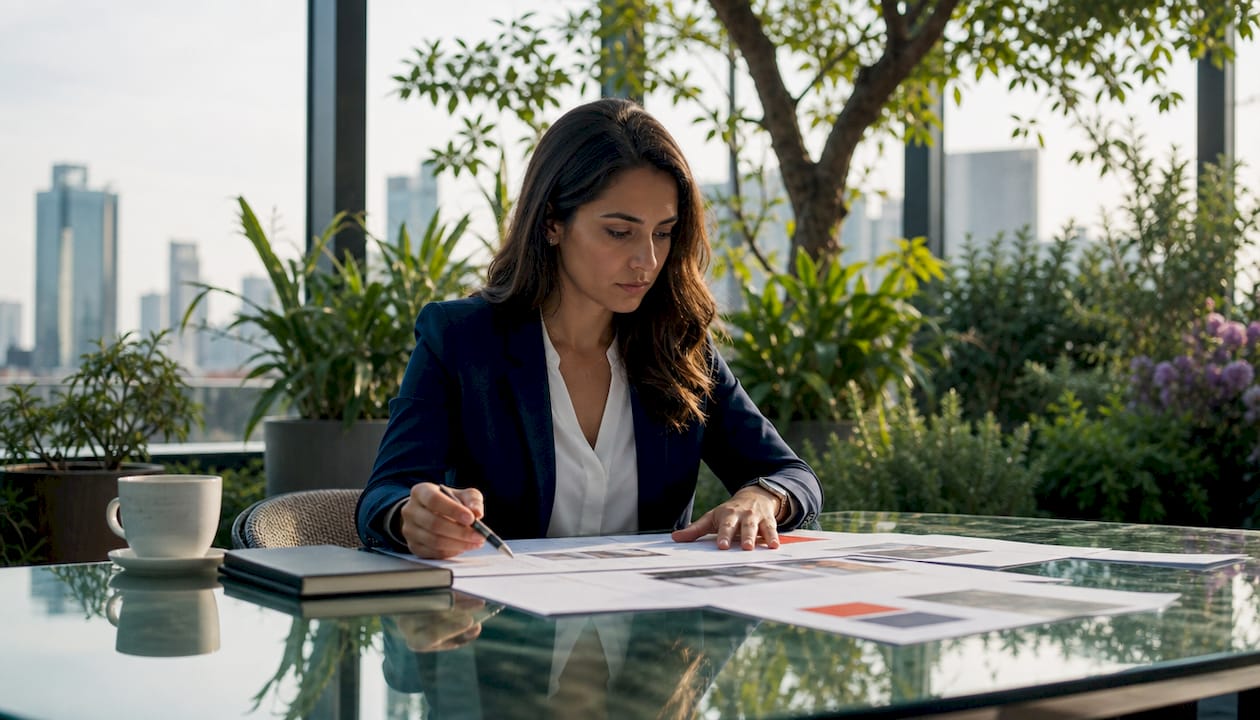 Marketing professional reviewing brand guidelines in office