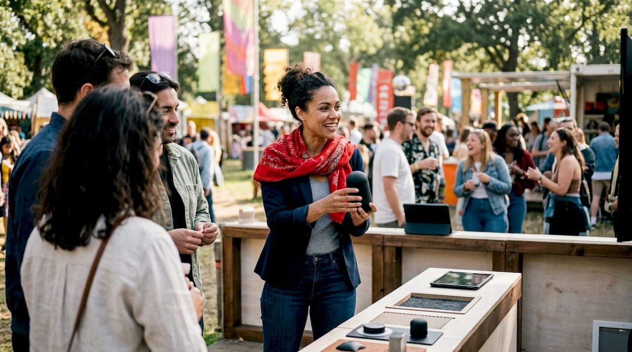 Brand manager engaging visitors at marketing event
