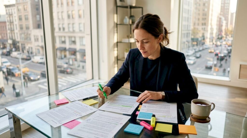 How to Craft a Brand Manifesto That Actually Works Woman reviewing print drafts of brand manifesto