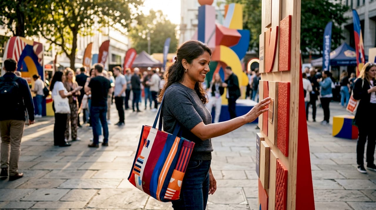 Woman interacting with outdoor marketing experience